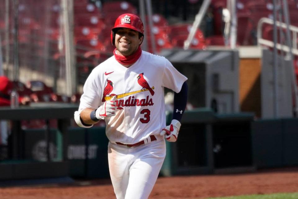 St. Louis Cardinals outfielder Dylan Carlson smiles as he rounds the bases after hitting a two-run home run during a game against the Cincinnati Reds in 2020. After two and a half weeks on the injured list this season, Carlson has thrived, and since returning to the lineup June 10, has been the club’s most productive hitter other than MVP favorite Paul Goldschmidt.