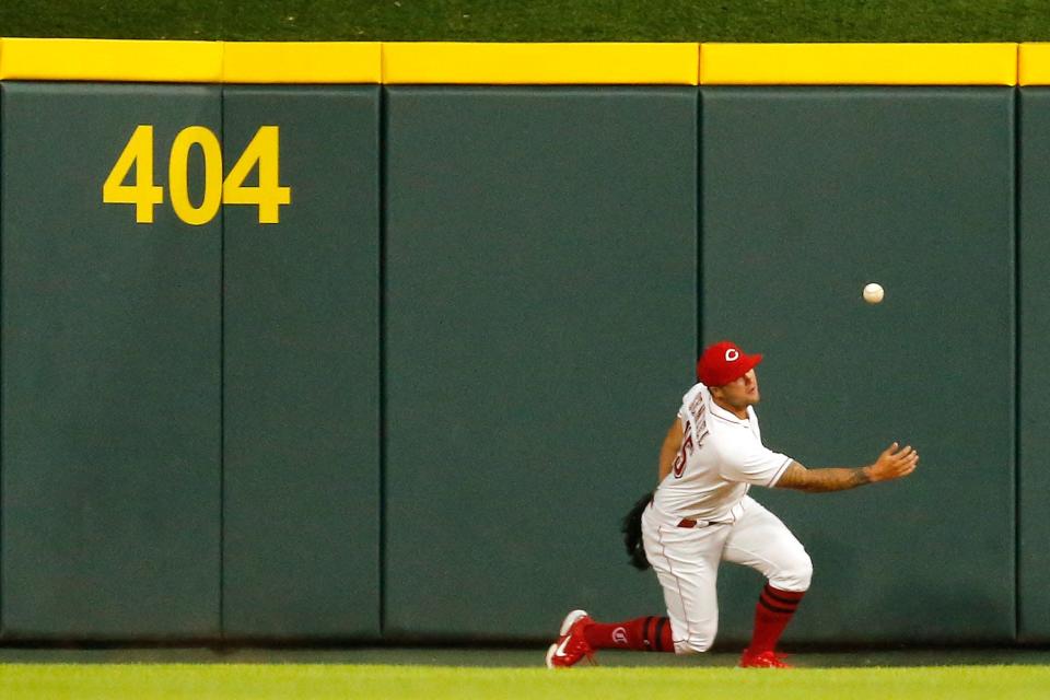 A hard hit line drive off the bat of Baltimore Orioles shortstop Jorge Mateo (3) flies over the head of Cincinnati Reds center fielder Nick Senzel (15) for a triple in the seventh inning of the MLB Interleague game between the Cincinnati Reds and the Baltimore Orioles at Great American Ball Park in downtown Cincinnati on Friday, July 29, 2022. The Orioles scored four runs in the top of the ninth to secure a 6-2 win over the Reds. 