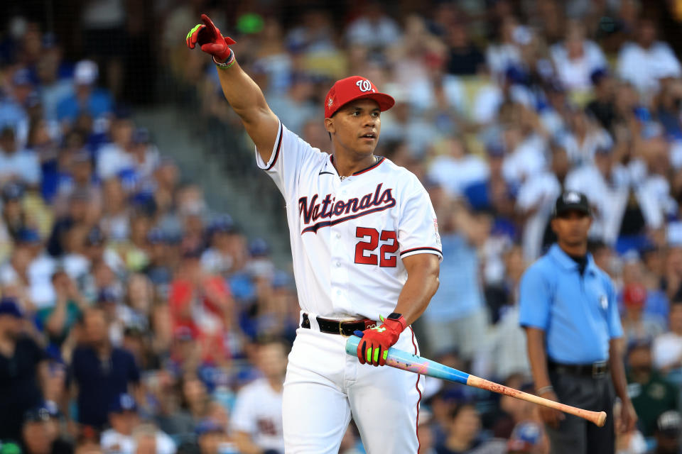 LOS ANGELES, CALIFORNIA - JULY 18: National League All-Star Juan Soto #22 of the Washington Nationals reacts while competing during the 2022 T-Mobile Home Run Derby at Dodger Stadium on July 18, 2022 in Los Angeles, California. (Photo by Sean M. Haffey/Getty Images)