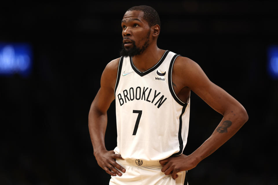 Kevin Durant of the Brooklyn Nets looks on during the first quarter against the Boston Celtics of Round 1 Game 1 of the 2022 NBA Eastern Conference Playoffs at TD Garden on April 17, 2022 in Boston, Massachusetts.