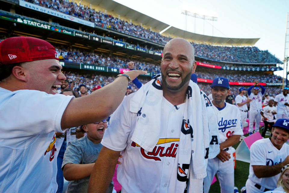 LOS ANGELES, CA - JULY 18: Albert Pujols #5 of the St. Louis Cardinals reacts to advancing to the next round during the T-Mobile Home Run Derby at Dodger Stadium on Monday, July 18, 2022 in Los Angeles, California. (Photo by Daniel Shirey/MLB Photos via Getty Images)