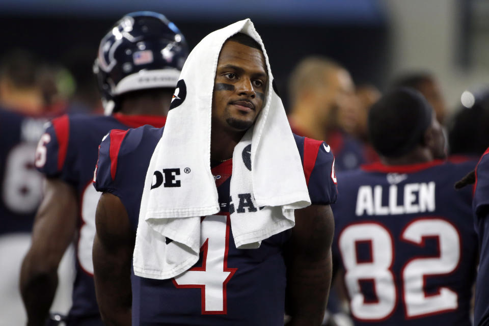 FILE - Houston Texans' Deshaun Watson (4) walks along the sideline in the first half of a preseason NFL football game against the Dallas Cowboys in Arlington, Texas, on Aug. 24, 2019. Thirty women who had accused the Houston Texans of turning a blind eye to allegations that Watson was sexually assaulting and harassing women during massage sessions have settled their legal claims against the team, their attorney said Friday, July 15, 2022. Watson, who has since been traded to the Cleveland Browns, has denied any wrongdoing and vowed to clear his name. (AP Photo/Michael Ainsworth, File)