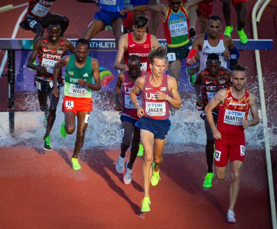 USA's Evan Jager, center, competes in a 3,000 meter steeplechase final on his way to eight during day four of the World Athletics Championships at Hayward Field on Monday.