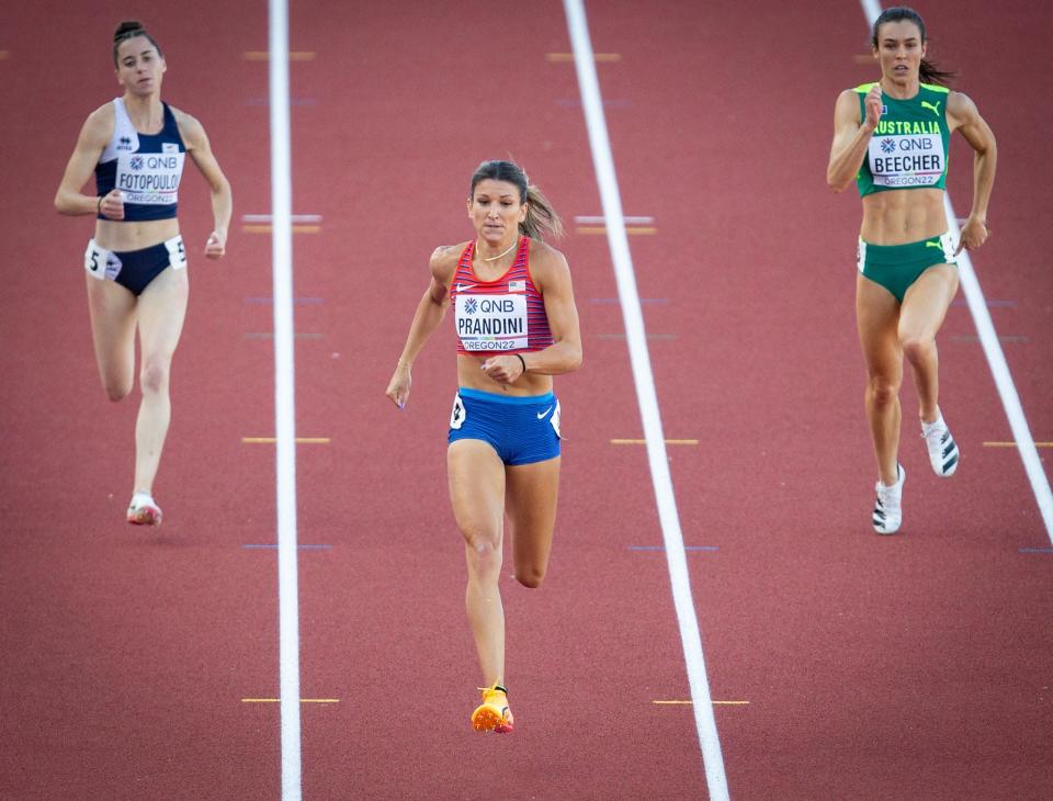 USA's Jenna Prandini, center, competes in her 200 meter heat during day four of the World Athletics Championships at Hayward Field on Monday.