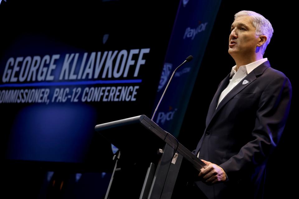 LOS ANGELES, CA - JULY 29, 2022 - - Pac-12 Commissioner George Kliavkoff makes his opening remarks at the start of the Pac-12 Media Day at The Novo at L.A. LIVE on July 29, 2022. The one-day event features all 12 head coaches and two student-athletes from each university, as well as representatives from the Pac-12 Conference staff. (Genaro Molina / Los Angeles Times via Getty Images)