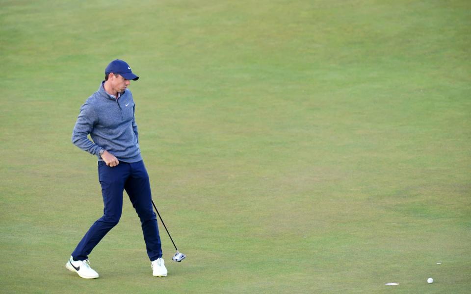 Northern Ireland's Rory McIlroy reacts to a bogie on the 15th during day two of The Open&nbsp; - PA