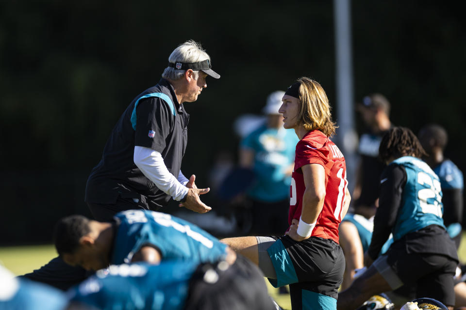 Trevor Lawrence (right) is already on his second head coach in the NFL. Doug Pederson, though, is already engendering more optimism than Urban Meyer did. (Photo by James Gilbert/Getty Images)