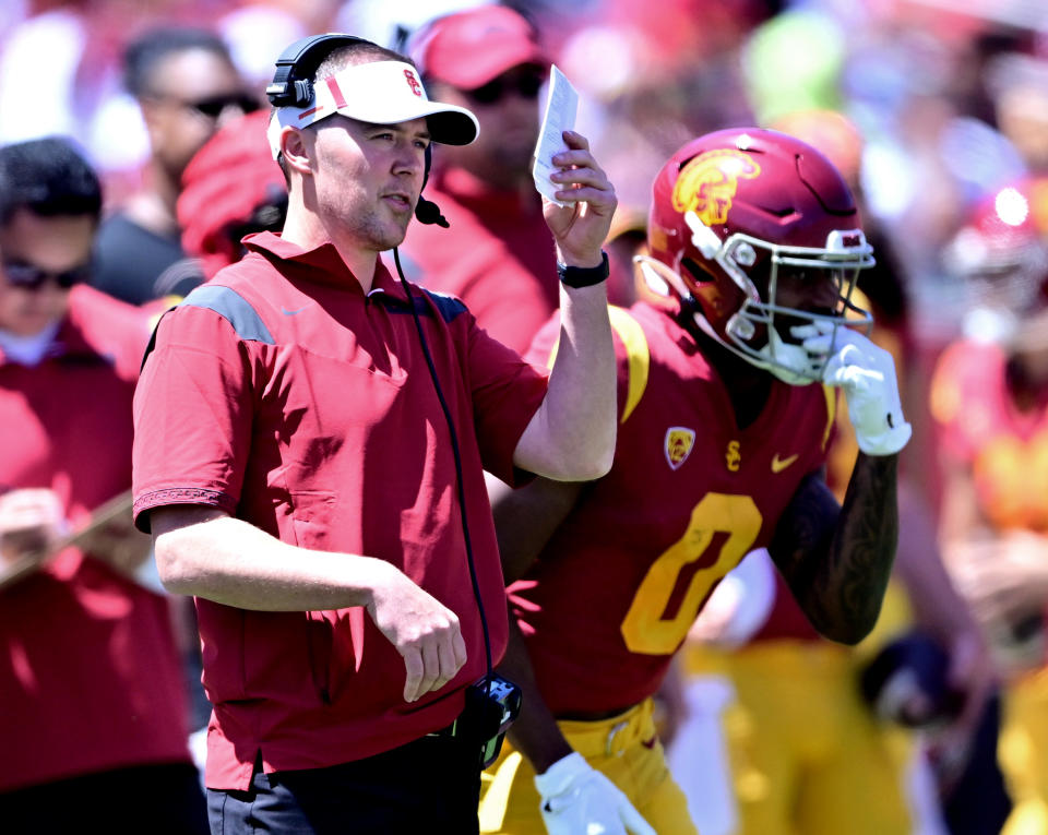 LOS ANGELES, CA - APRIL 23: Head coach Lincoln Riley of the USC Trojans calls a play during the 2022 USC Spring Football game at Los Angeles Memorial Coliseum on April 23, 2022 in Los Angeles, California. (Photo by Jayne Kamin-Oncea/Getty Images)