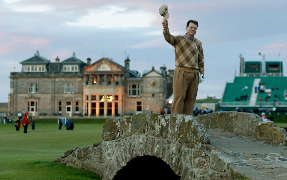 USA's Tom Watson stands on the Swilcan Bridge at the end of his second round in 2010 - Action Images/Lee Smith