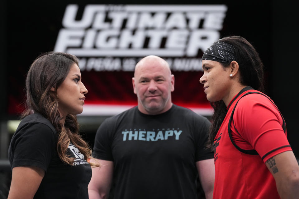 LAS VEGAS, NEVADA - MARCH 10: (L-R) Julianna Pena and Amanda Nunes face off during the filming of The Ultimate Fighter at UFC APEX on March 10, 2022 in Las Vegas, Nevada. (Photo by Chris Unger/Zuffa LLC)