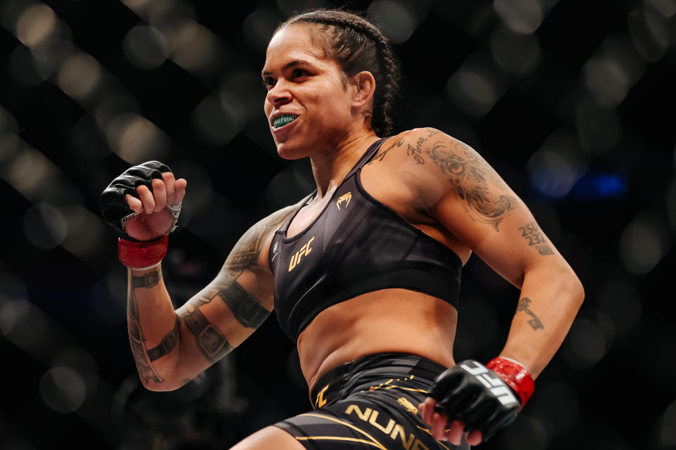 LAS VEGAS, NEVADA - DECEMBER 11: Amanda Nunes of Brazil in their women's bantamweight title fight during the UFC 269 event at T-Mobile Arena on December 11, 2021 in Las Vegas, Nevada. (Photo by Carmen Mandato/Getty Images)