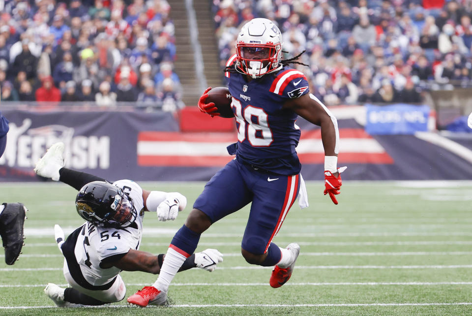 New England Patriots running back Rhamondre Stevenson (38) is a fantasy breakout candidate