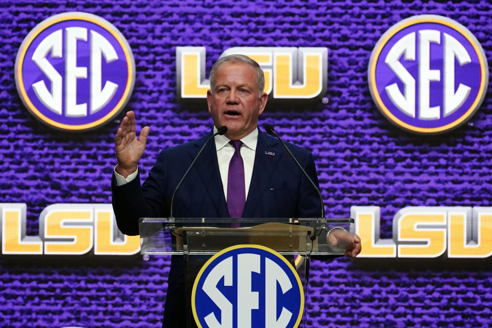 LSU coach Brian Kelly speaks during an NCAA college football news conference at the SEC Media Days, Monday, July 18, 2022, in Atlanta. (AP Photo/John Bazemore)