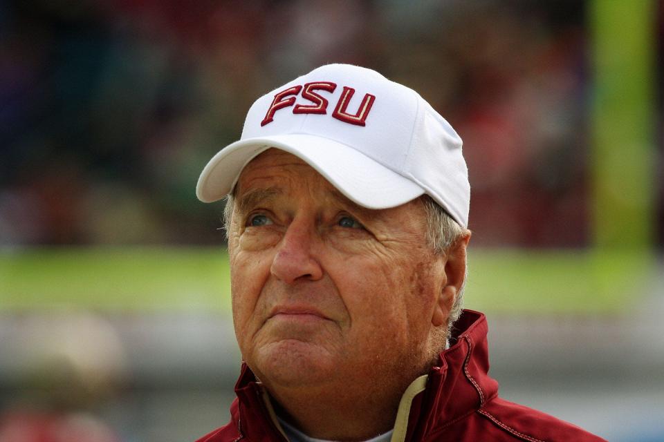 Florida State football coach Bobby Bowden looks up at the replay screen during his final game against West Virginia at Jacksonville Municipal Stadium in the Gator Bowl, Jan. 1, 2010.