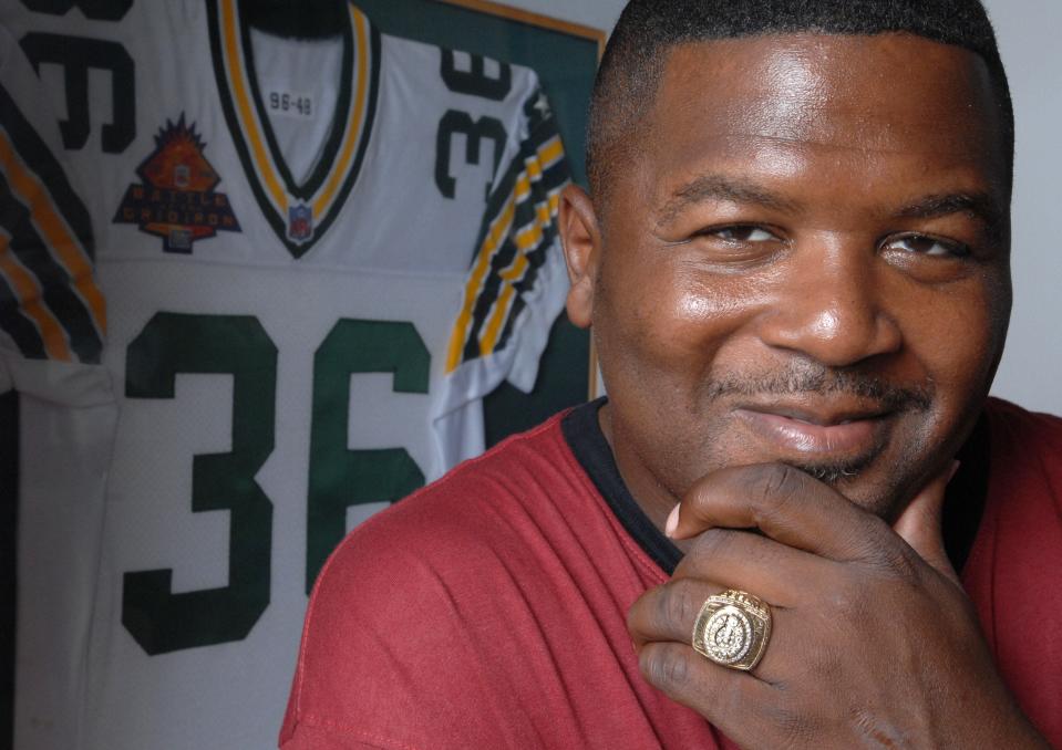 LeRoy Butler poses for a portrait wearing his Super Bowl ring, at his home in Jacksonville, Florida, July 12, 2007.