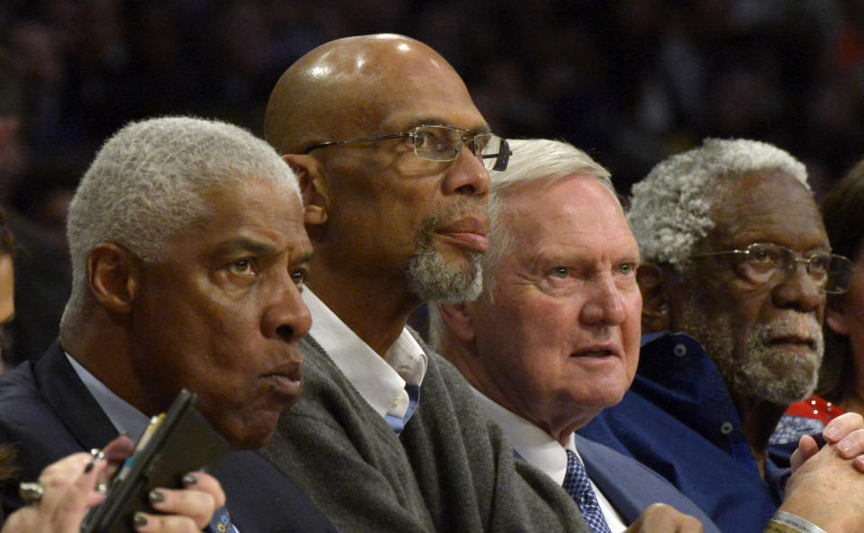Julius Erving, Kareem Abdul-Jabbar, Jerry West and Bill Russell attended the 2018 NBA All-Star Game together in Los Angeles. (Keith Birmingham/MediaNews Group/Pasadena Star-News via Getty Images)