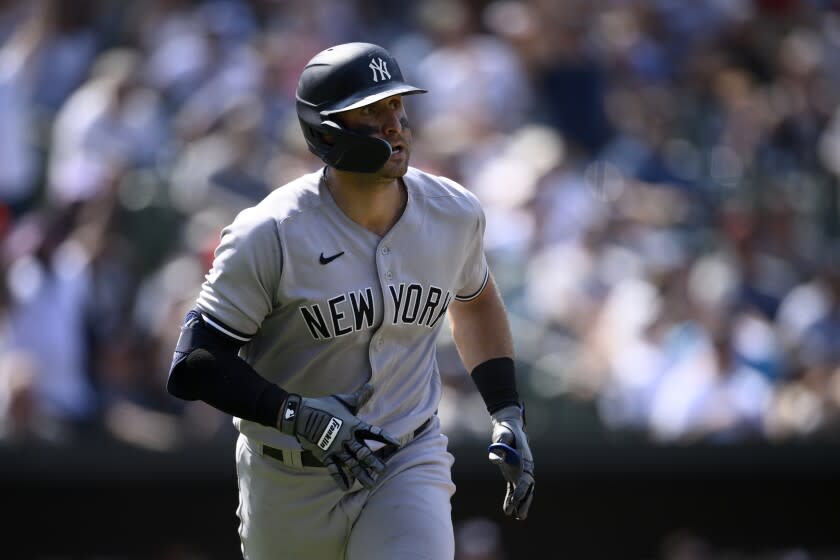 New York Yankees' Joey Gallo in action during a baseball game against the Baltimore Orioles, Sunday, July 24, 2022, in Baltimore. (AP Photo/Nick Wass)