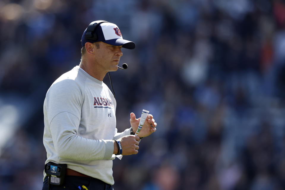 Auburn head coach Bryan Harsin reacts to a play during the second half of an NCAA college football game against Arkansas, Saturday, Oct. 29, 2022, in Auburn, Ala. (AP Photo/Butch Dill)