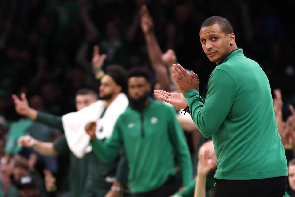 Joe Mazzulla, in his first regular-season game as head coach of the Boston Celtics, was in total control of his team's fortunes. (Maddie Meyer/Getty Images)