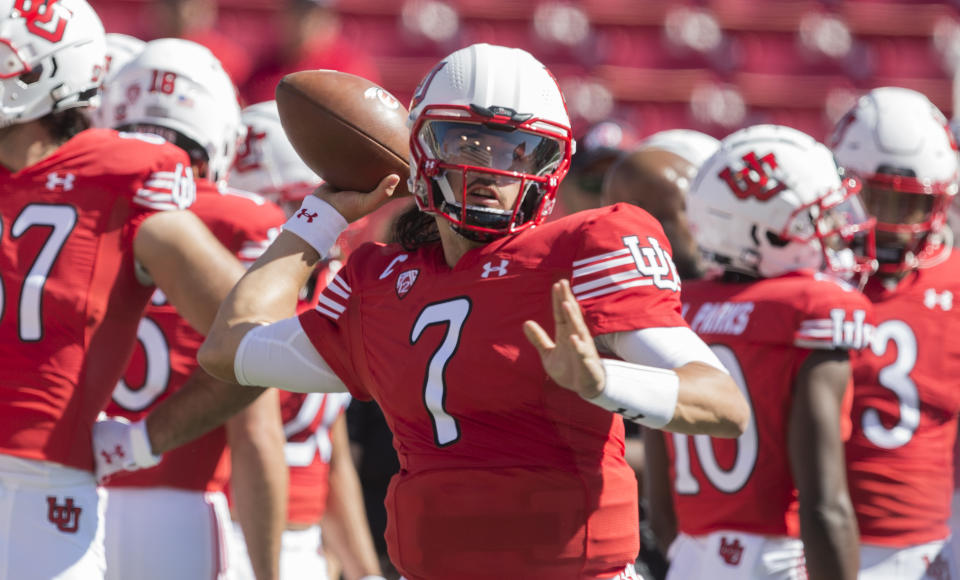 SALT LAKE CITY, UT - SEPTEMBER 25 : Cam Rising #7 of the Utah Utes throws a pass during warmups before their game against the Washington State Cougars September 25, 2021 at Rice Eccles Stadium in Salt Lake City, Utah. (Photo by Chris Gardner/Getty Images)