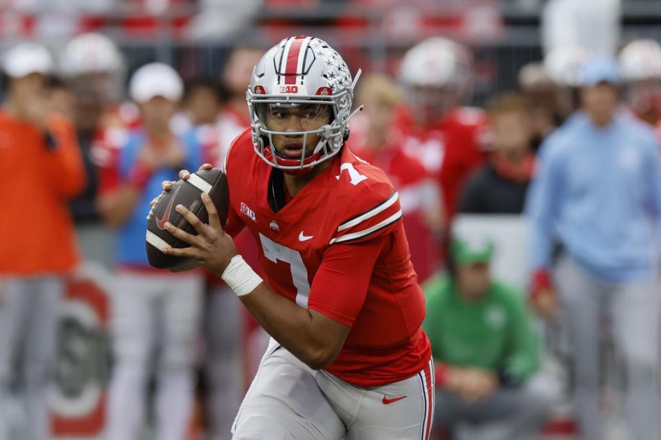 Ohio State quarterback C.J. Stroud passes against Rutgers on Oct. 11.