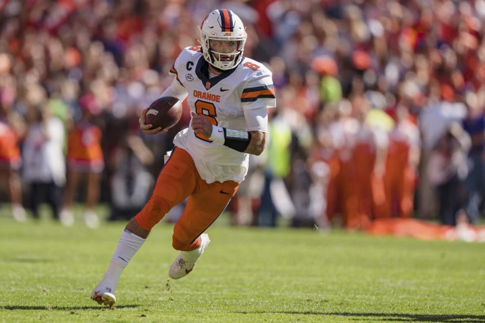 Syracuse quarterback Garrett Shrader runs with the ball during a loss to Clemson last week.