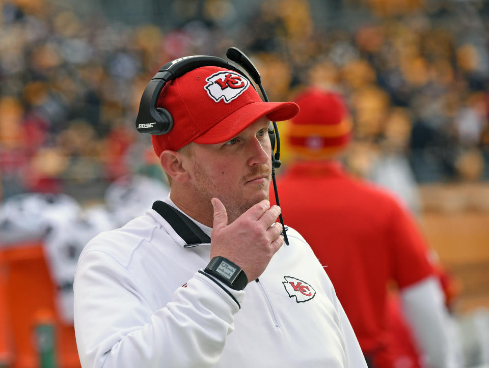 PITTSBURGH, PA - DECEMBER 21: Quality control coach Britt Reid of the Kansas City Chiefs looks on from the sideline before a game against the Pittsburgh Steelers at Heinz Field on December 21, 2014 in Pittsburgh, Pennsylvania. The Steelers defeated the Chiefs 20-12. (Photo by George Gojkovich/Getty Images) 