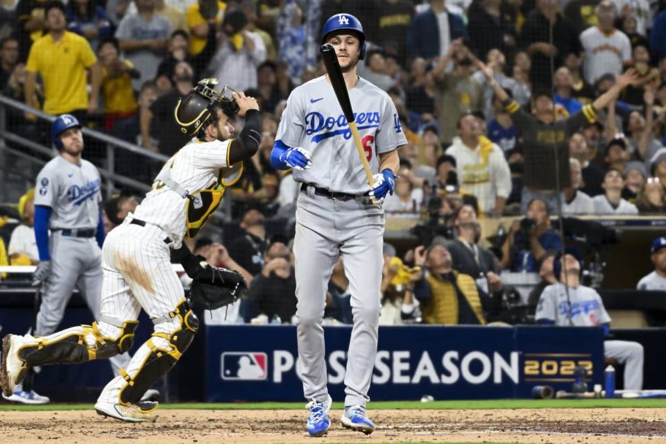 The Dodgers' Trea Turner reacts after a popup fly during the fifth inning.