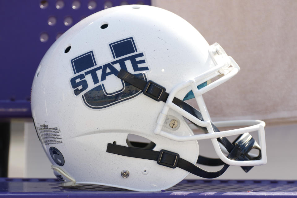 BATON ROUGE, LA - OCTOBER 05: A Utah State Aggies helmet before the game between the LSU Tigers and Utah State Aggies at LSU Tiger Stadium on October 5, 2019 in Baton Rouge, LA. (Photo by Andy Altenburger/Icon Sportswire via Getty Images)