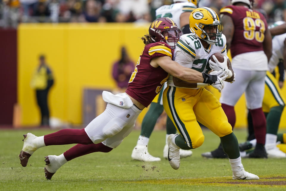 Packers running back AJ Dillon has struggled this season, making him a potential drop in fantasy leagues. (AP Photo/Susan Walsh)