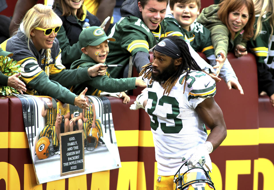 Green Bay Packers running back Aaron Jones is coming off a huge fantasy performance, but a repeat is unlikely in a tough matchup (AP Photo/Daniel Kucin Jr.)