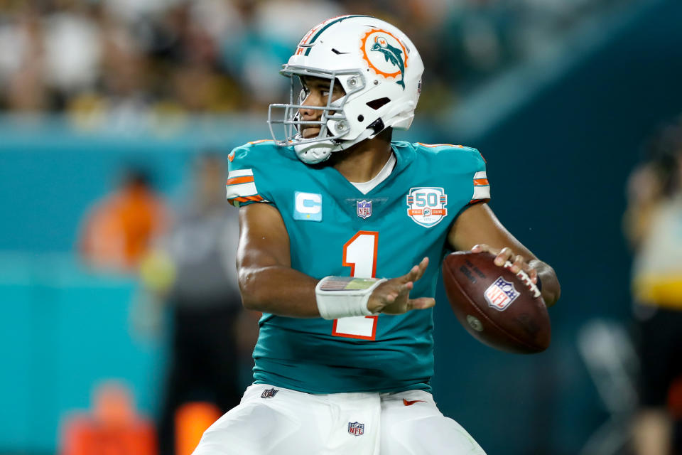 Tua Tagovailoa has a great fantasy matchup in Week 8 against the Lions. (Photo by Megan Briggs/Getty Images)