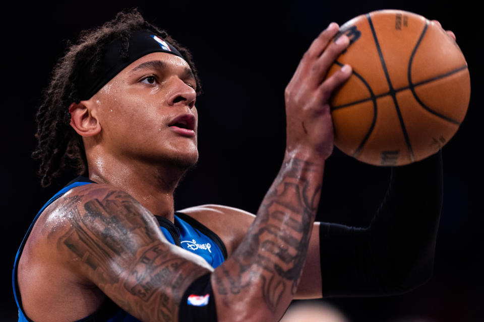 Orlando Magic rookie Paolo Banchero attempts one of his 45 free throws through the NBA season's first five games. (Dustin Satloff/Getty Images)