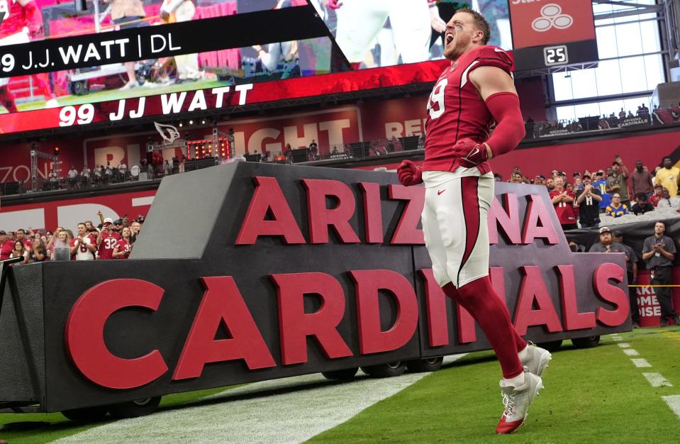 Arizona Cardinals defensive lineman J.J. Watt is introduced before they take on the Los Angeles Rams at State Farm Stadium in Glendale on Sept. 25, 2022.