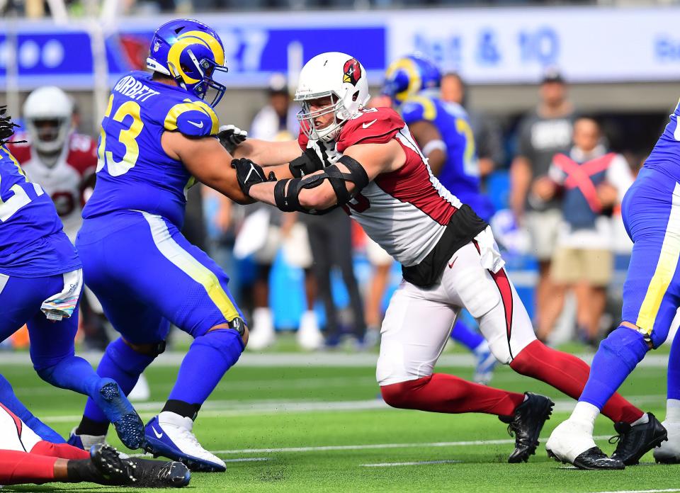 Oct 3, 2021; Inglewood, California, USA; Arizona Cardinals defensive end J.J. Watt (99) works against Los Angeles Rams offensive guard Austin Corbett (63) during the second half at SoFi Stadium.