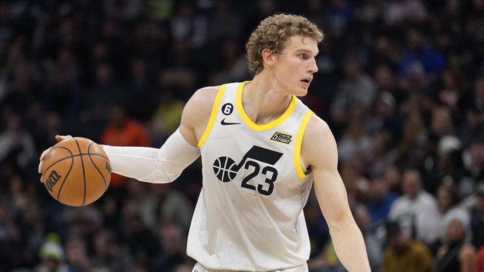 Utah Jazz forward Lauri Markkanen (23) dribbles down the court during the first half of an NBA basketball game against the Minnesota Timberwolves, Friday, Oct. 21, 2022, in Minneapolis. (AP Photo/Abbie Parr)