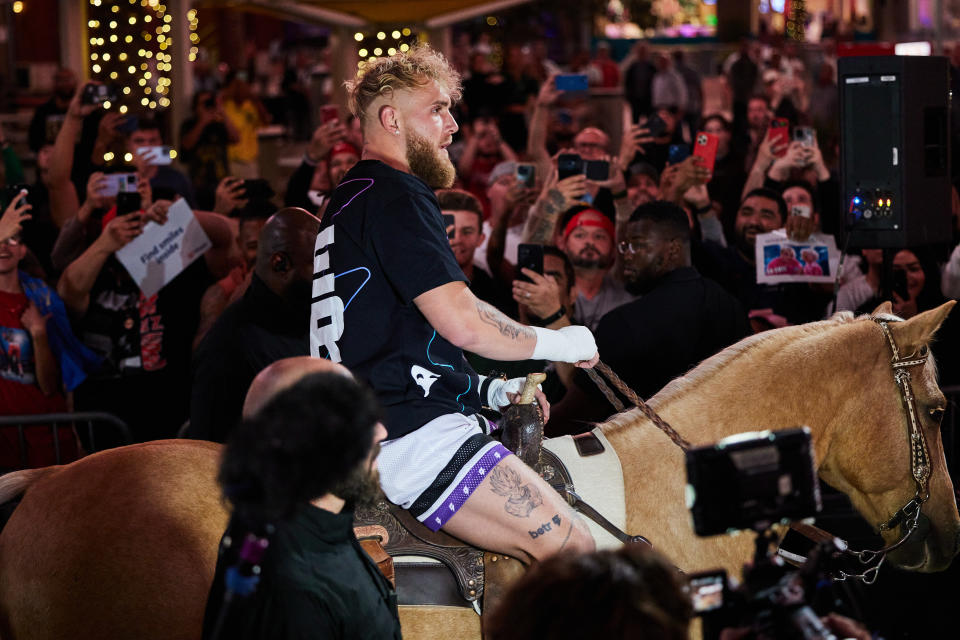 Jake Paul arrives to a public workout prior to his bout with Anderson Silva on Saturday in Glendale, Arizona, on a horse. (Esther Lin/Showtime)