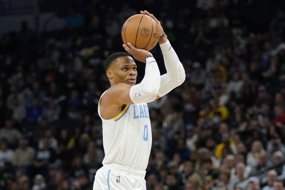 Lakers guard Russell Westbrook shoots during the first half of Friday's loss to the Timberwolves.