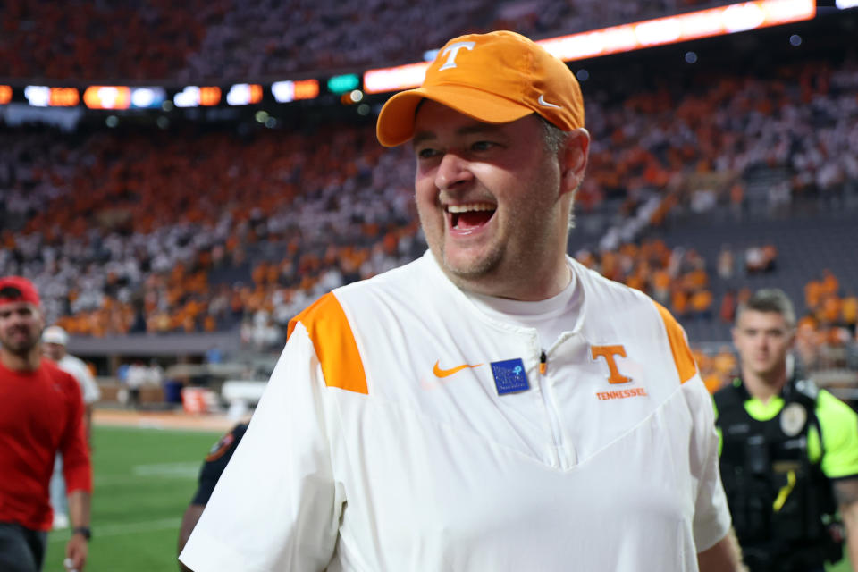 Tennessee head coach Josh Heupel is hoping to end his program's 15-game losing streak to Alabama on Saturday. (Photo by Donald Page/Getty Images)