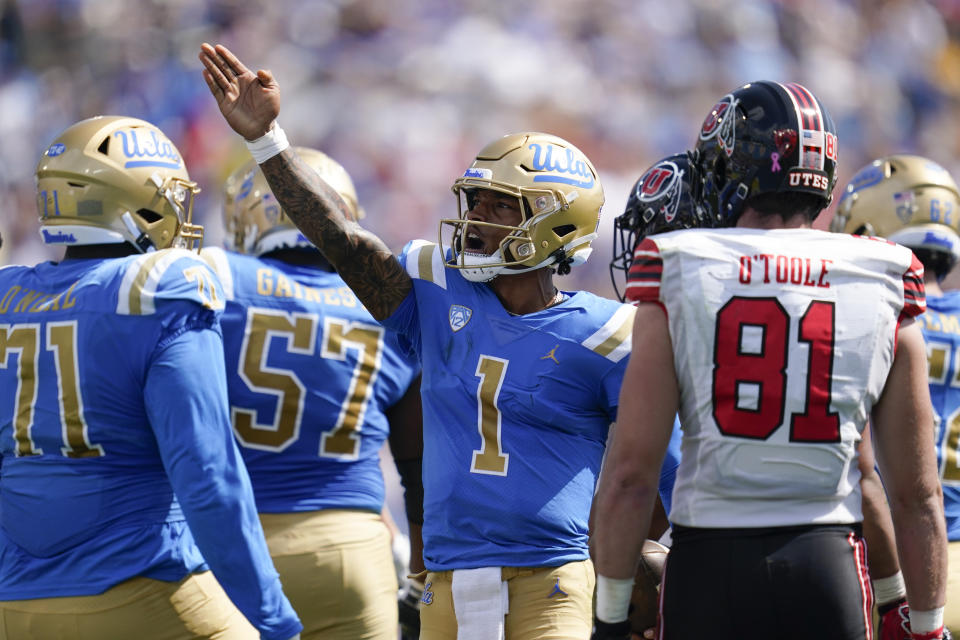 UCLA quarterback Dorian Thompson-Robinson (1) signals a first down during his team's win over Utah in Pasadena, Calif., Saturday, Oct. 8, 2022. (AP Photo/Ashley Landis)