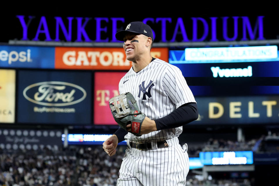 Sep 30, 2022; Bronx, New York, USA; New York Yankees right fielder Aaron Judge (99) reacts as he runs in from the outfield during the fifth inning against the Baltimore Orioles at Yankee Stadium. Mandatory Credit: Brad Penner-USA TODAY Sports