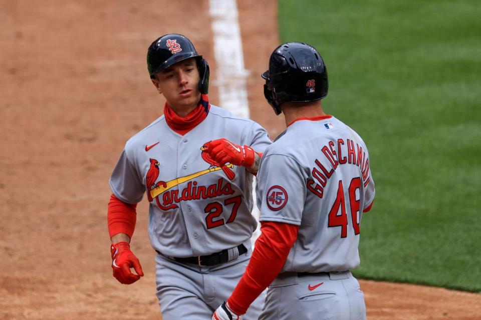 St. Louis Cardinals’ slugger Tyler O’Neill, left, celebrates hitting a two-run home run with teammate Paul Goldschmidt. He’ll look to rebound from a disappointing 2022 season.