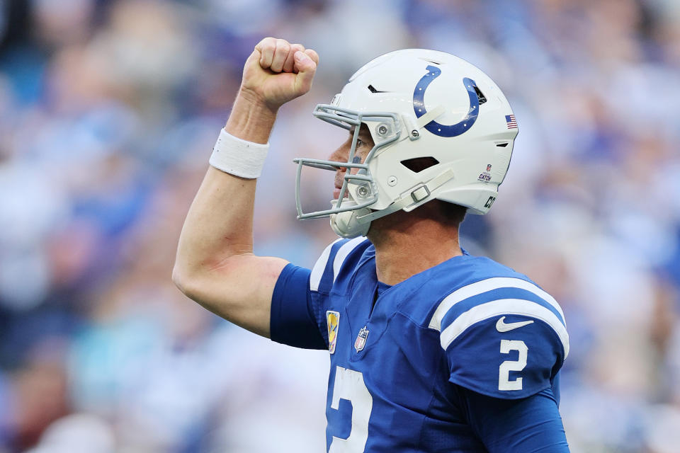 Matt Ryan #2 of the Indianapolis Colts celebrates after a two-point conversion against the Jacksonville Jaguars during an NFL game