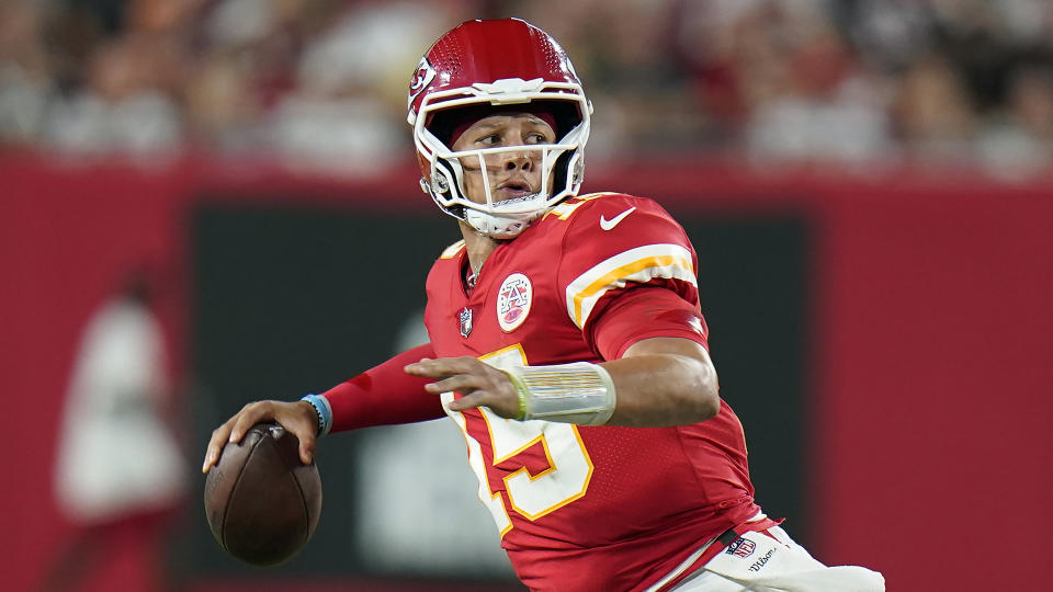 NFL Kansas City Chiefs quarterback Patrick Mahomes runs against the Tampa Bay Buccaneers during the second half of an NFL football game Sunday, Oct. 2, 2022, in Tampa, Fla. (AP Photo/Chris O'Meara)