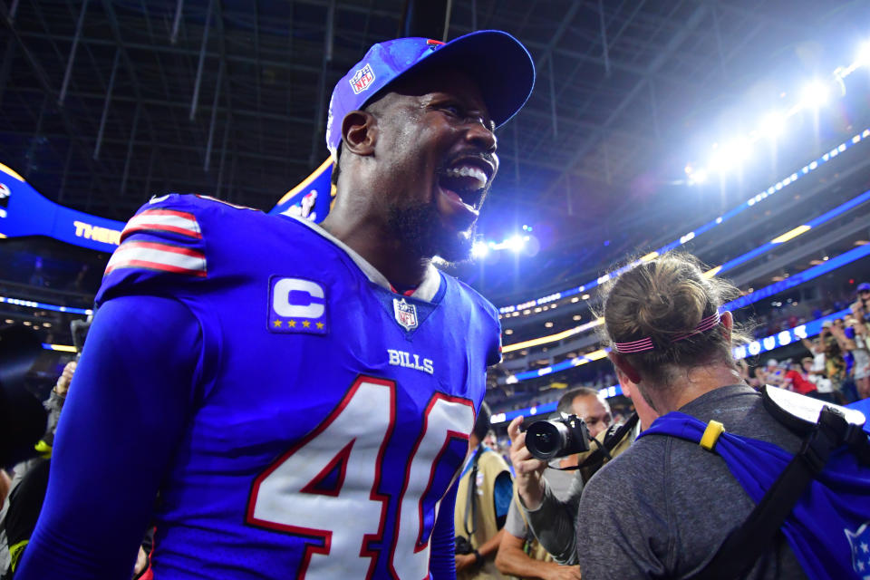 Sep 8, 2022; Inglewood, California, USA; Buffalo Bills linebacker Von Miller (40) walks off the field after defeating Los Angeles Rams at SoFi Stadium. Mandatory Credit: Gary A. Vasquez-USA TODAY Sports