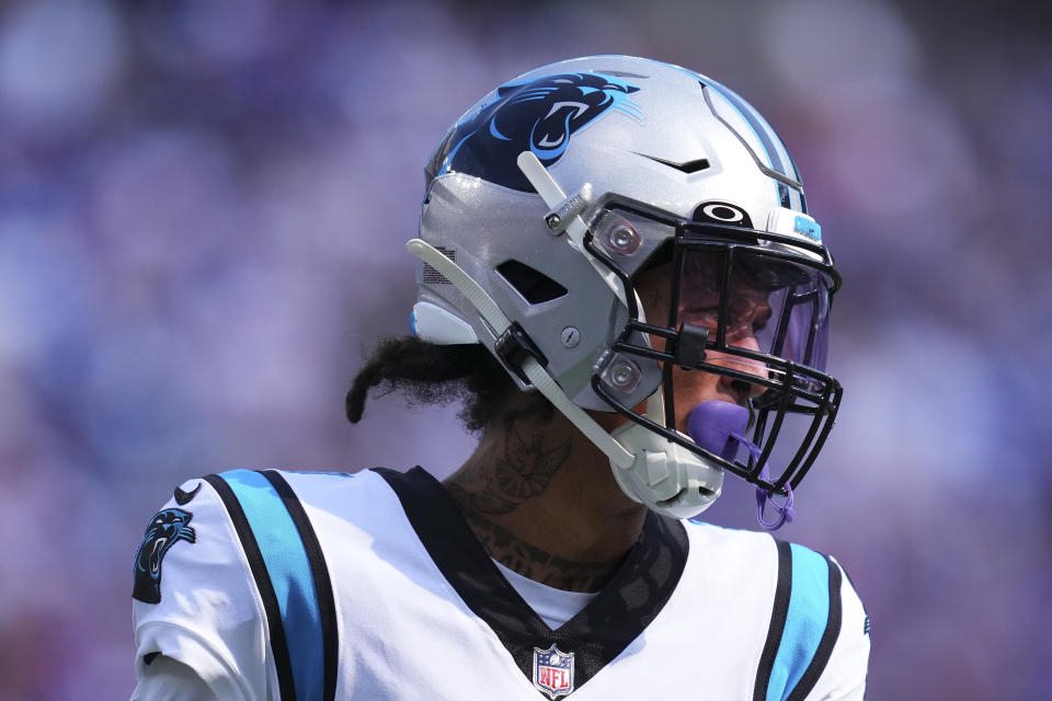 EAST RUTHERFORD, NJ - SEPTEMBER 18: Robbie Anderson #3 of the Carolina Panthers looks on against the New York Giants at MetLife Stadium on September 18, 2022 in East Rutherford, New Jersey. (Photo by Mitchell Leff/Getty Images)