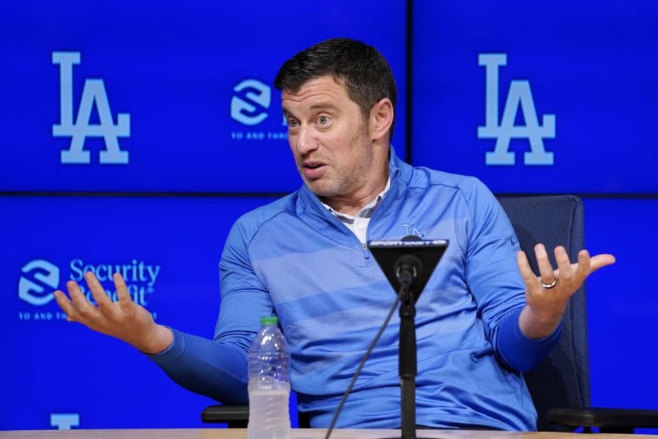 Andrew Friedman, Dodgers president of baseball operations, speaks during a news conference Oct. 18 at Dodger Stadium.
