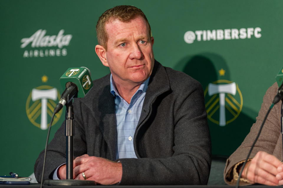 PORTLAND, OR - JANUARY 22: Portland Timbers president of soccer, Gavin Wilkinson, speaks at the Portland Timbers Media Day on January 22, 2020, at Providence Park in Portland, OR. (Photo by Diego Diaz/Icon Sportswire via Getty Images).