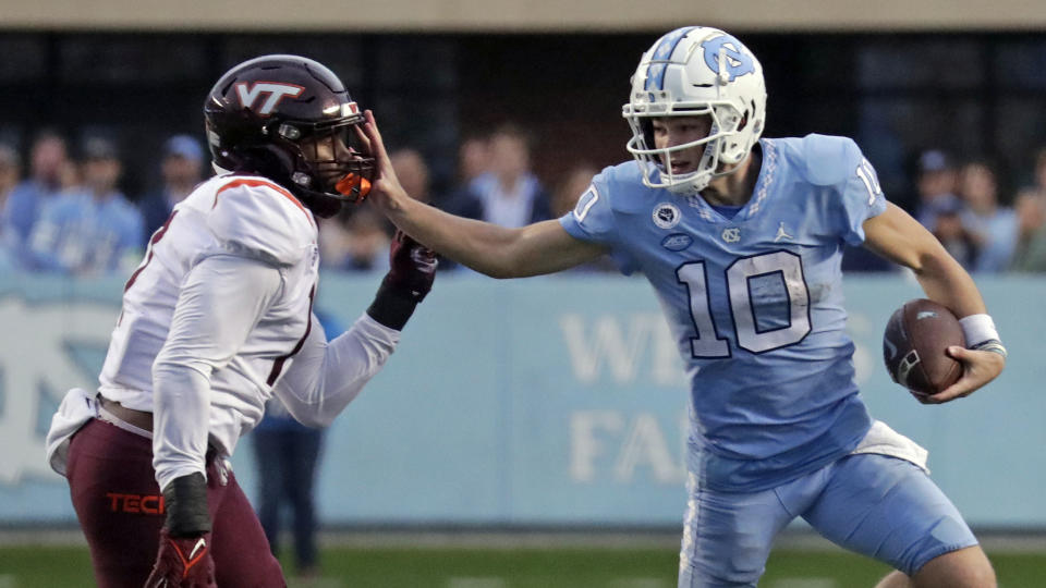 North Carolina quarterback Drake Maye (10) has been one of the best QBs in the ACC this year, and he's just a freshman. (AP Photo/Chris Seward)