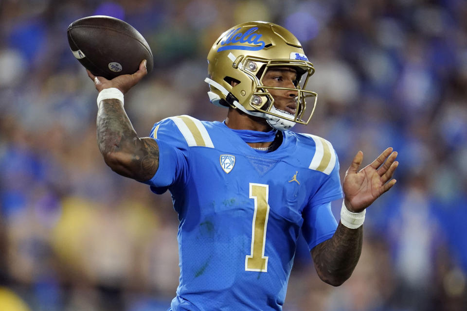UCLA quarterback Dorian Thompson-Robinson and his undefeated Bruins host Utah this week in a big Pac-12 matchup. (AP Photo/Marcio Jose Sanchez)